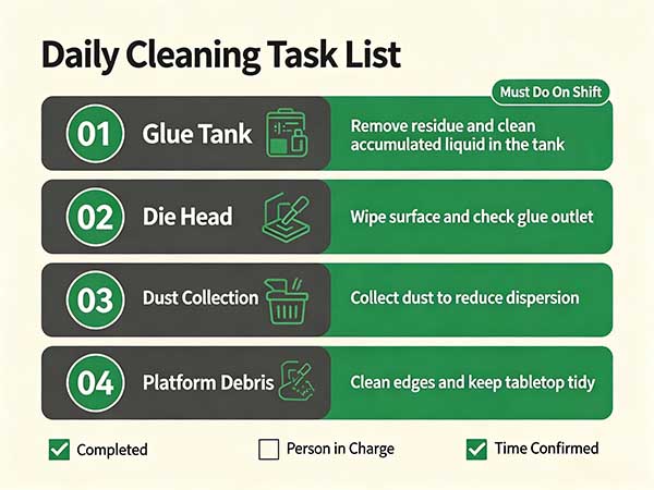 daily cleaning tasks for cotton swab production machines including cleaning glue tank wiping die head removing cotton dust and clearing debris from platform